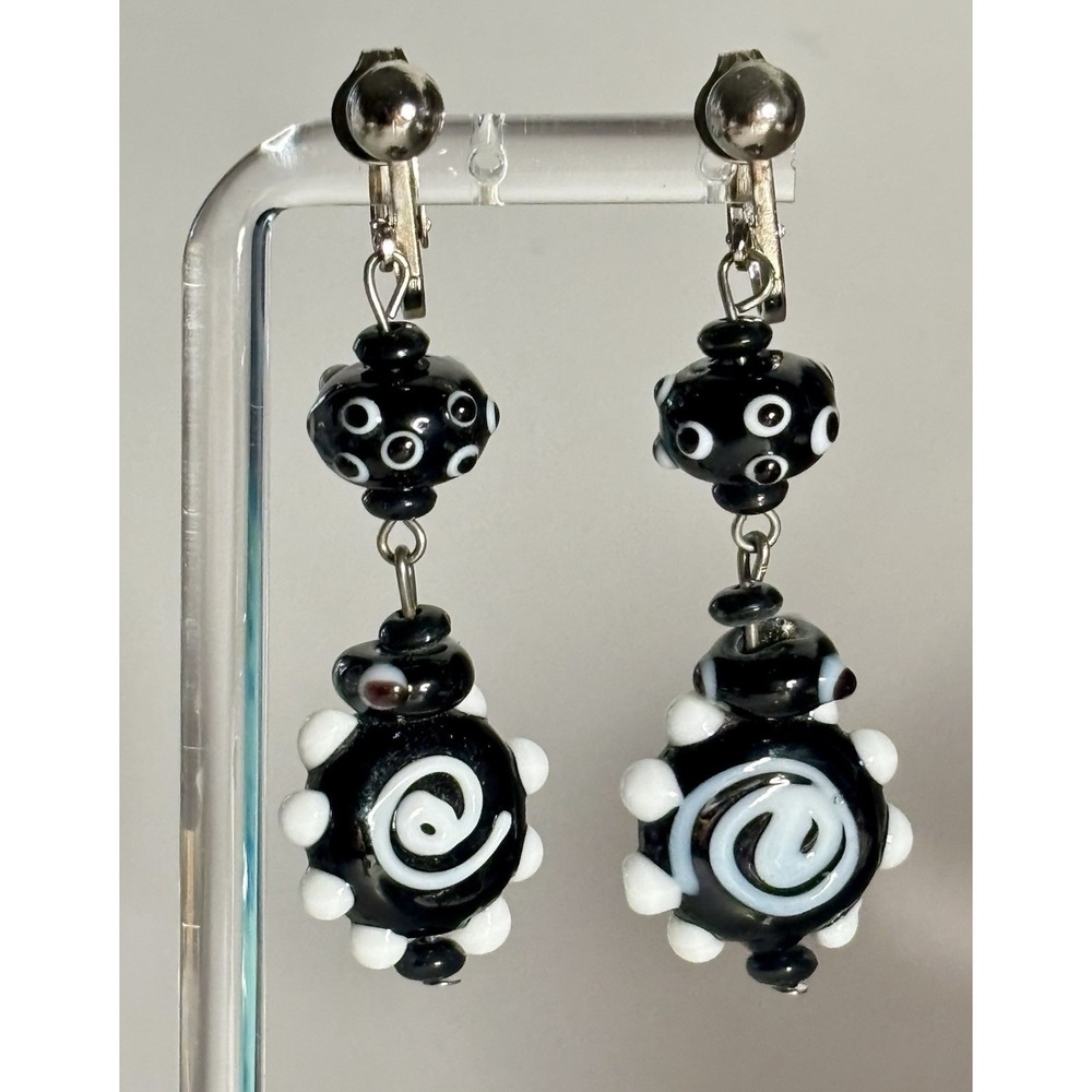 Vintage Lampwork Glass Black White Swirl Dangle Clip On Earrings 2.5"
